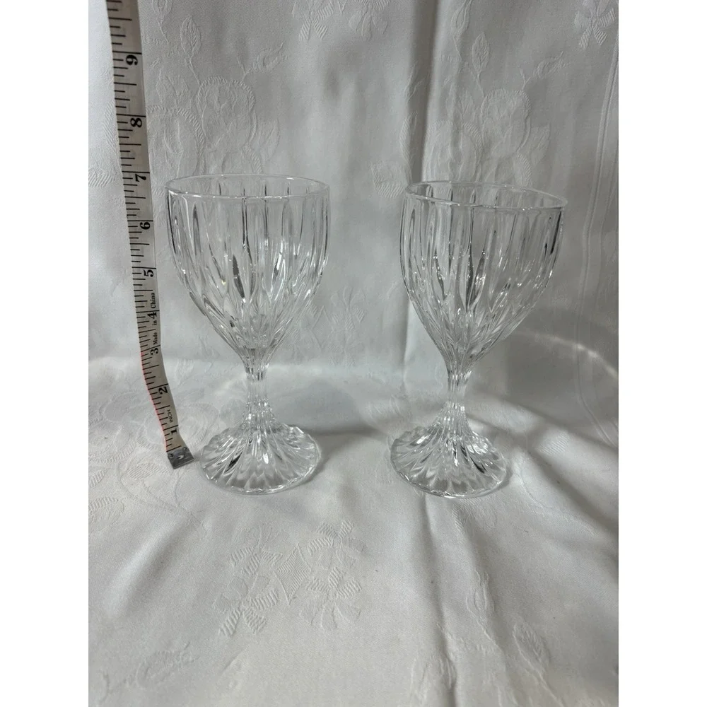 Set of 2 Clear Cut Glass Stemmed Wine Glass Goblets, Two-Piece Set